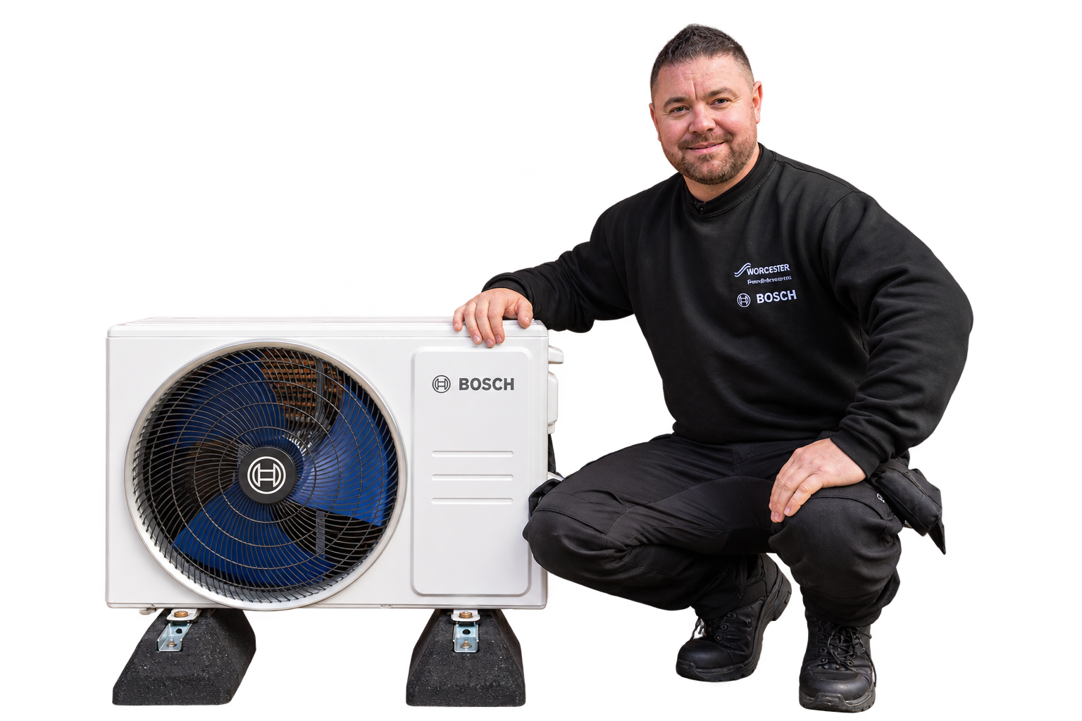 Finance | Heat4orce Jay beside a Bosch outdoor air-conditioning unit with both support feet