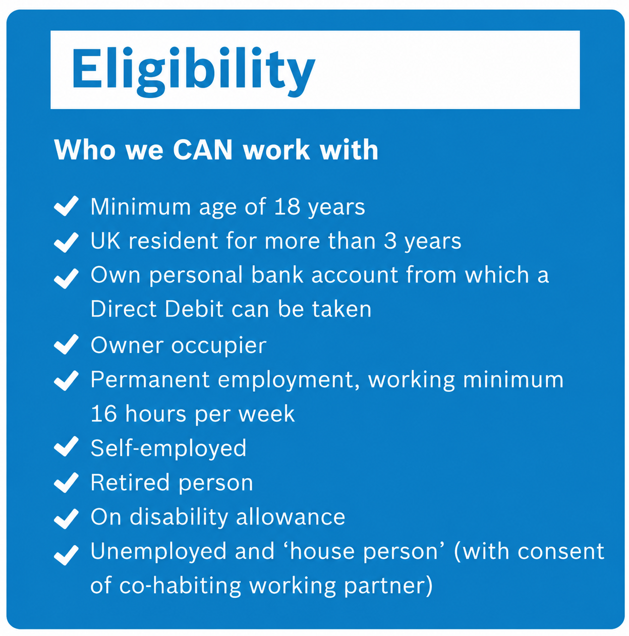 Finance | Heat4orce Worcester finance eligibility: who we can work with. UK resident for more than 3 years